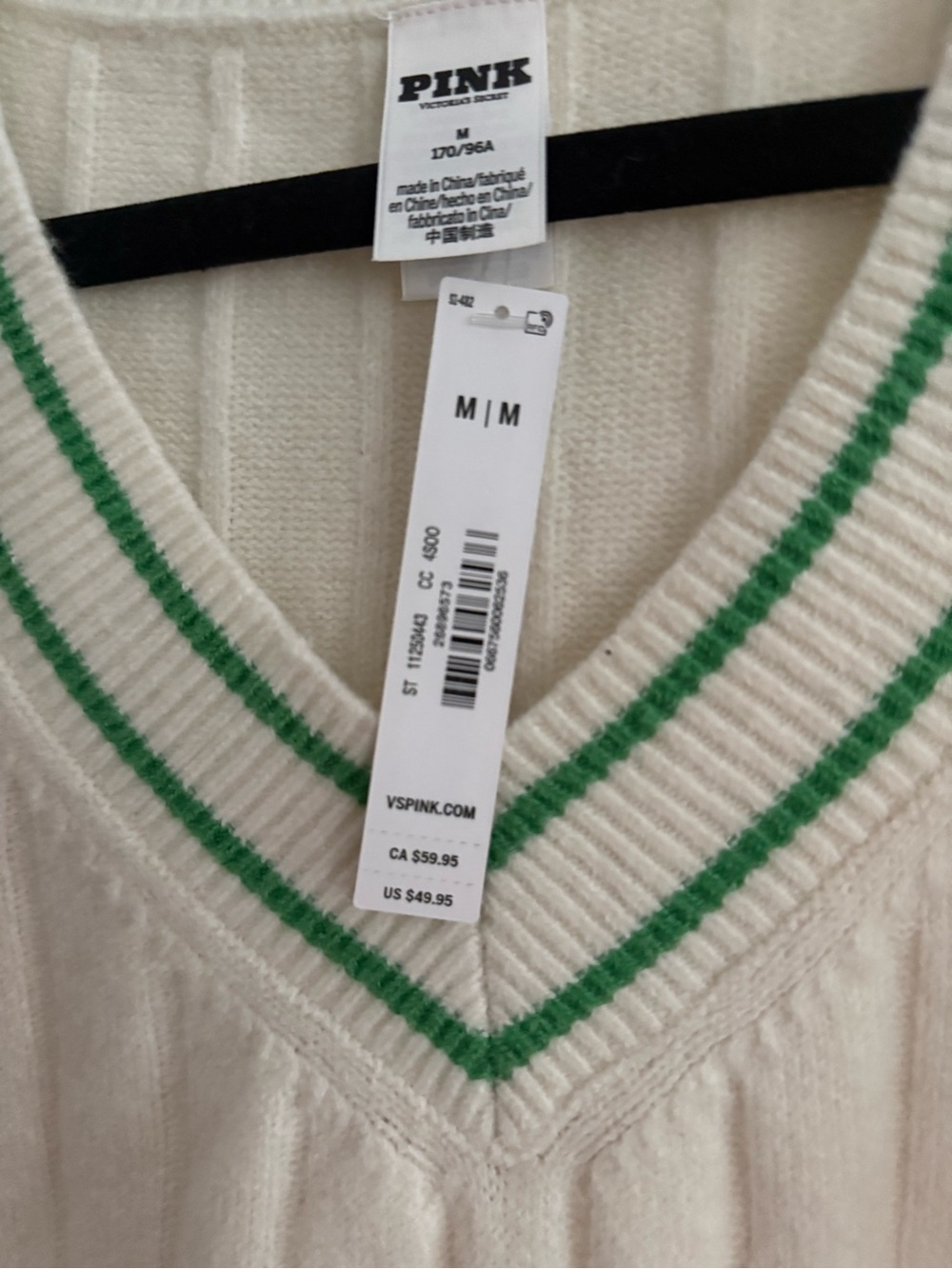 PINK Victoria's Secret Cream V-Neck Knit Vest with Green Trim New with Tags Sz M - Picture 2 of 2